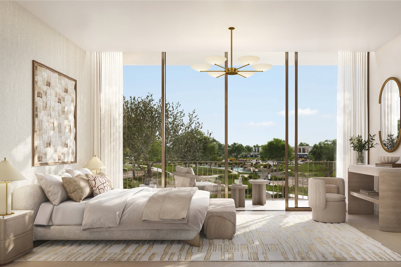 Principal bedroom with floor-to-ceiling glazing overlooking the parkland