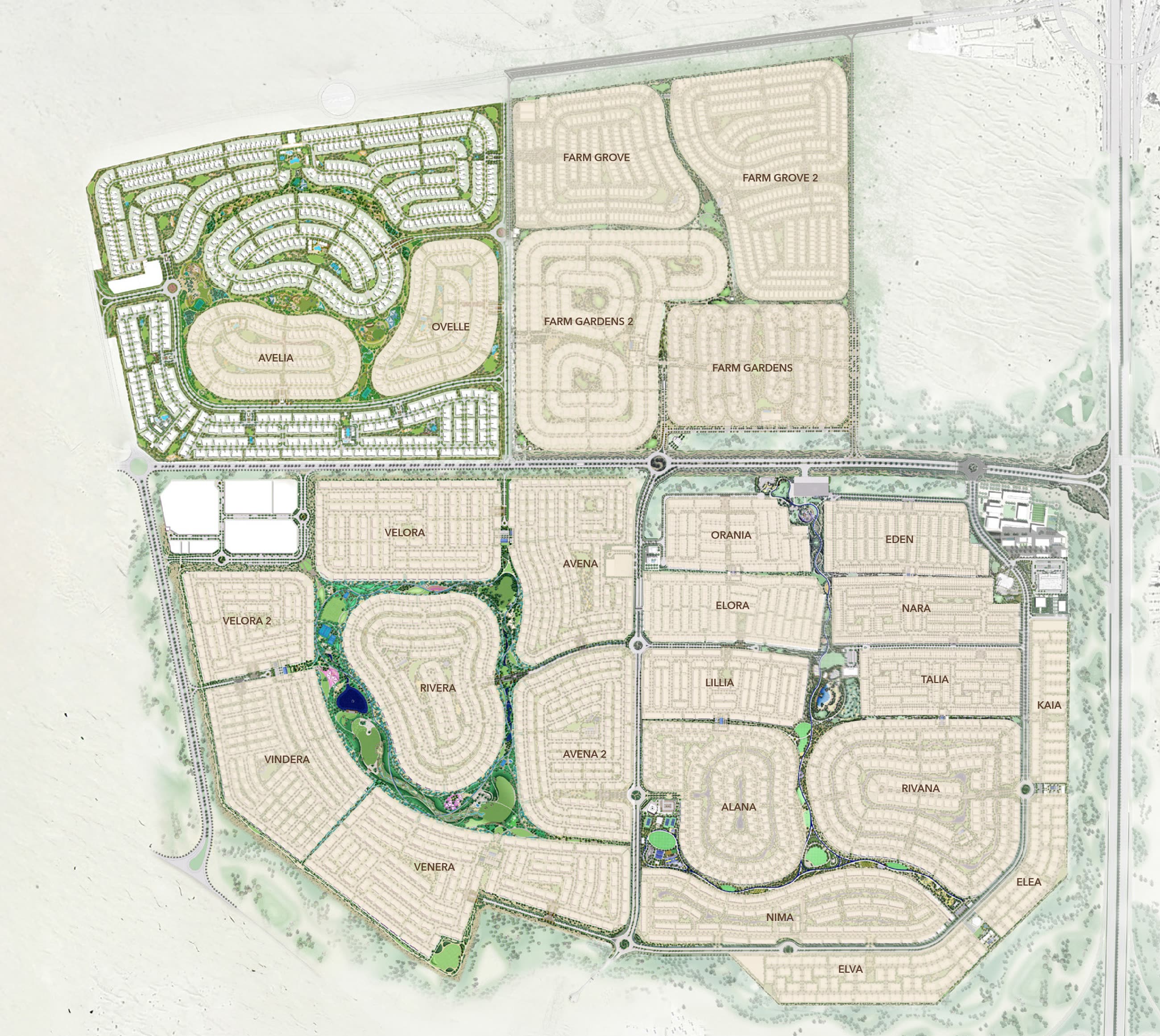 The Valley masterplan by Emaar showing every residential cluster across the community, the town centre and the Farm Gardens districts